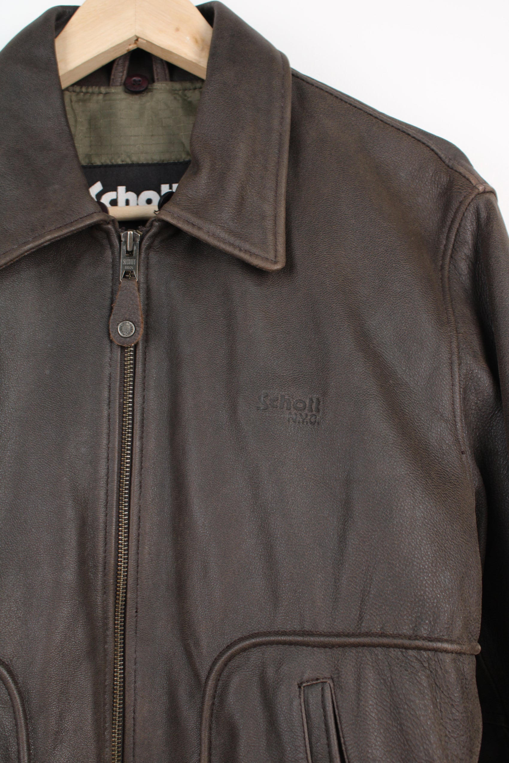 Schott NYC 100% goats skin leather, zip through bomber jacket with embossed logo on the chest