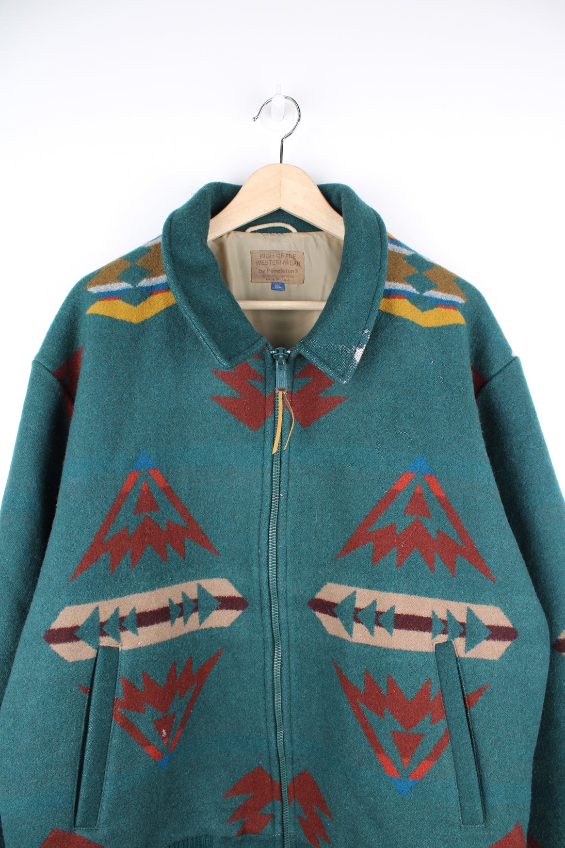 Vintage Pendleton made in the USA, western style wool zip through bomber jacket in a teal green