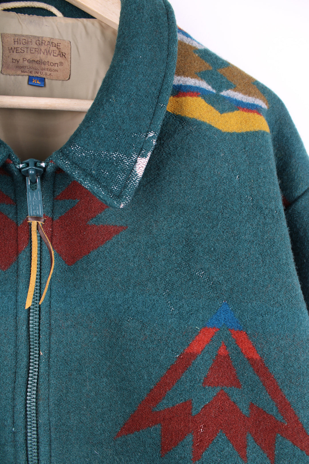 Vintage Pendleton made in the USA, western style wool zip through bomber jacket in a teal green