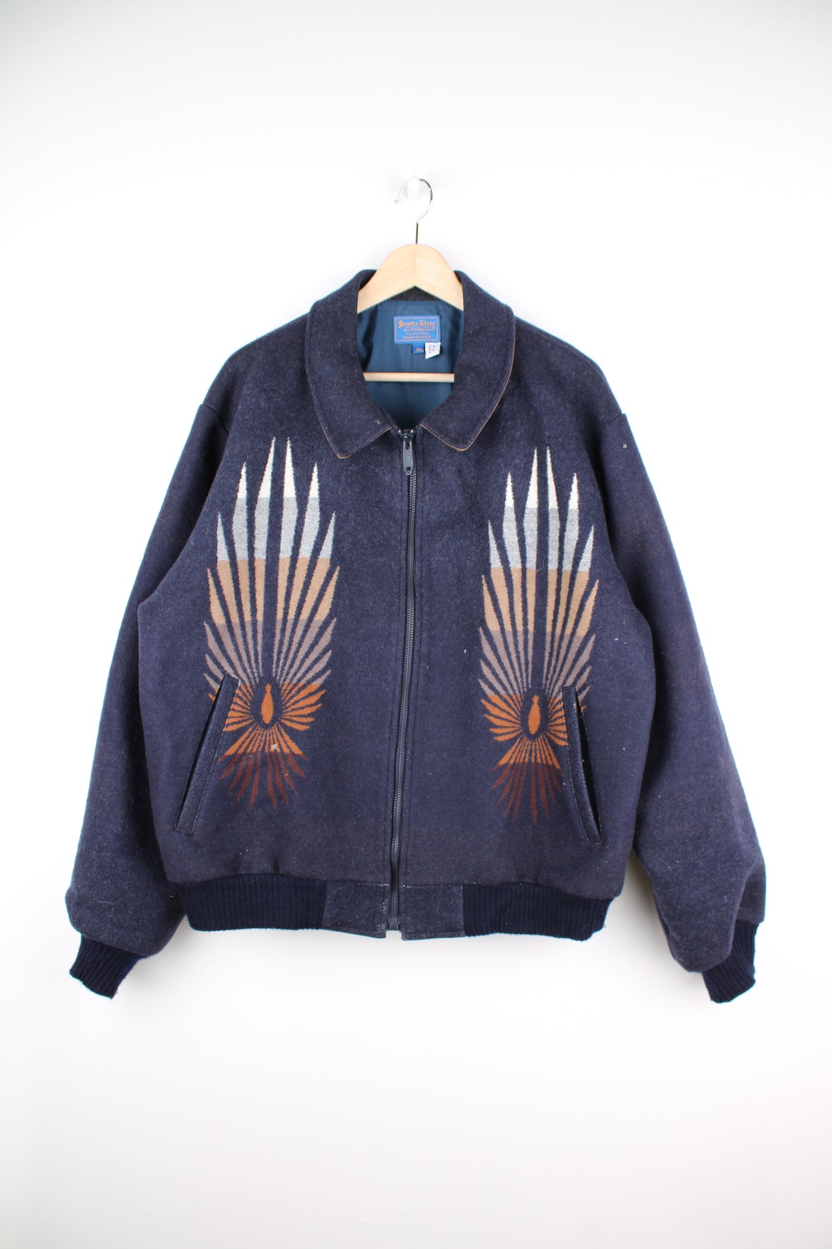 Vintage Pendleton, made in the USA navy zip through wool bomber jacket with western style motifs on the front and back