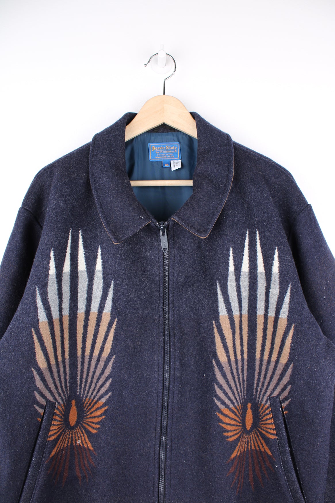 Vintage Pendleton, made in the USA navy zip through wool bomber jacket with western style motifs on the front and back