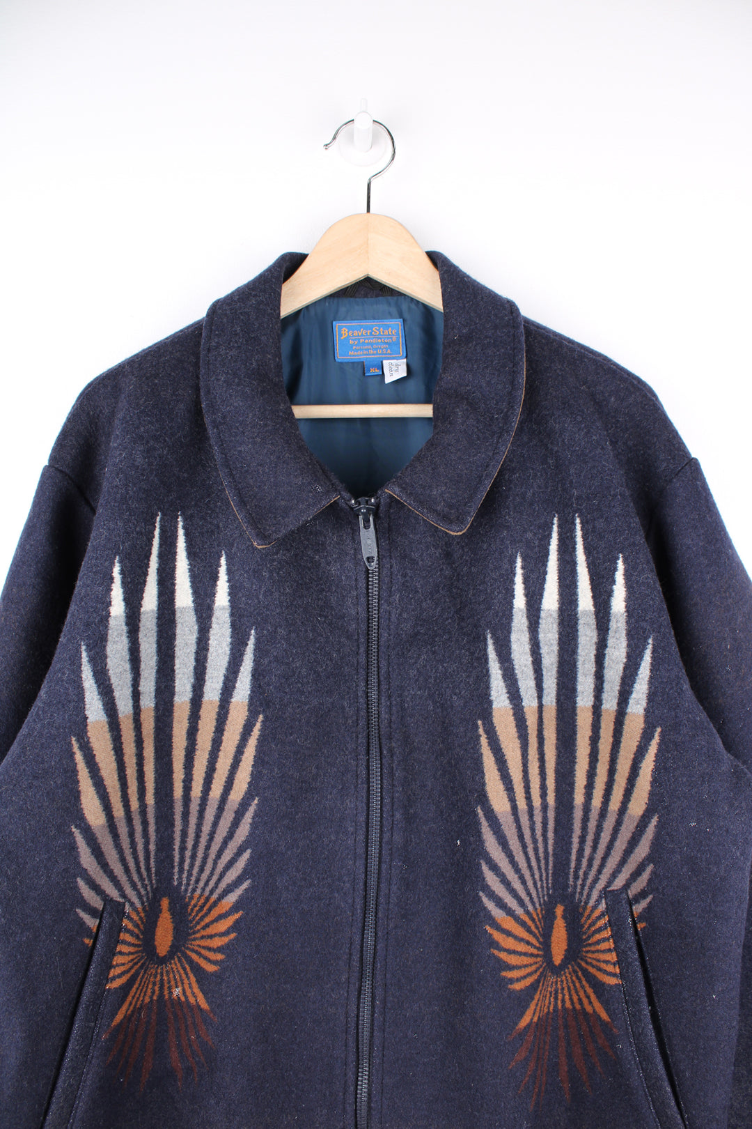 Vintage Pendleton, made in the USA navy zip through wool bomber jacket with western style motifs on the front and back