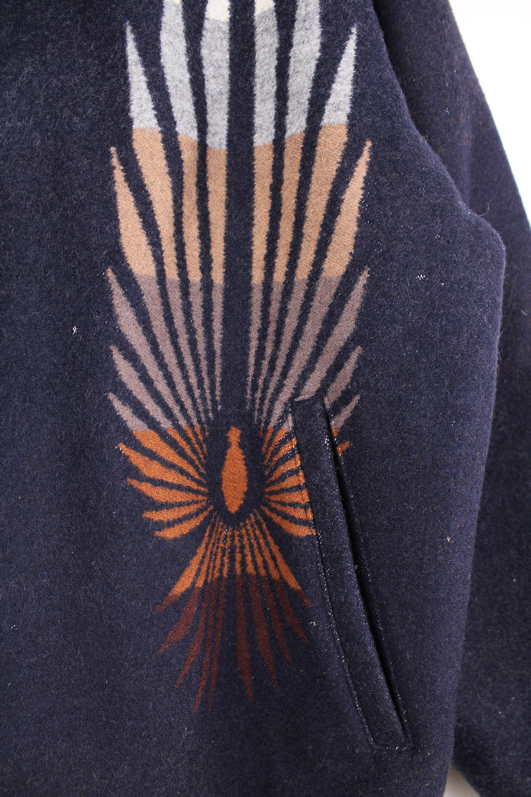 Vintage Pendleton, made in the USA navy zip through wool bomber jacket with western style motifs on the front and back