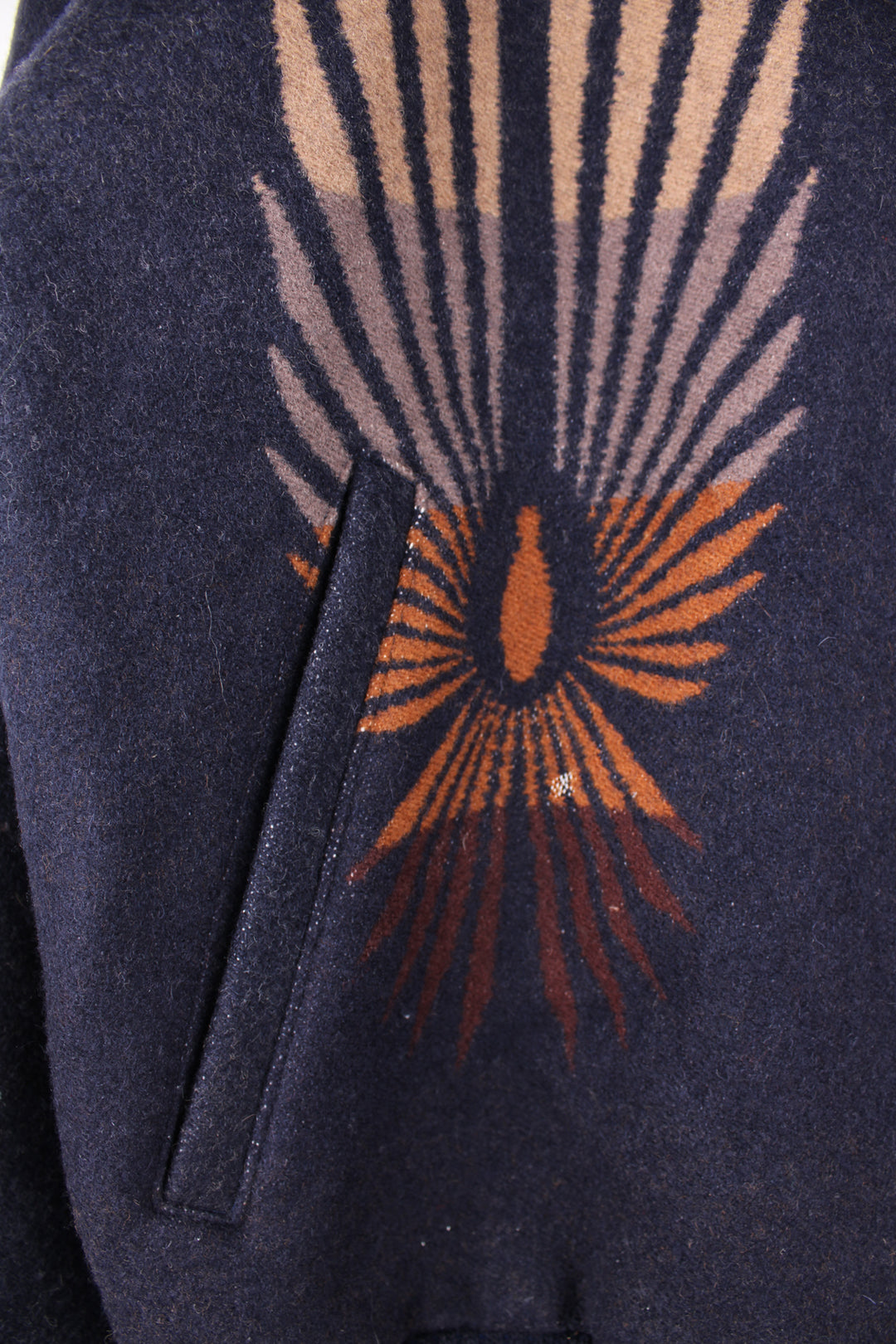 Vintage Pendleton, made in the USA navy zip through wool bomber jacket with western style motifs on the front and back