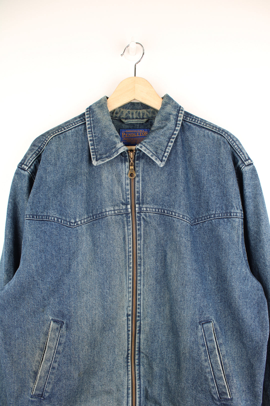 Pendleton zip through denim jacket with patterned wool back panel and western style yoke on the front 