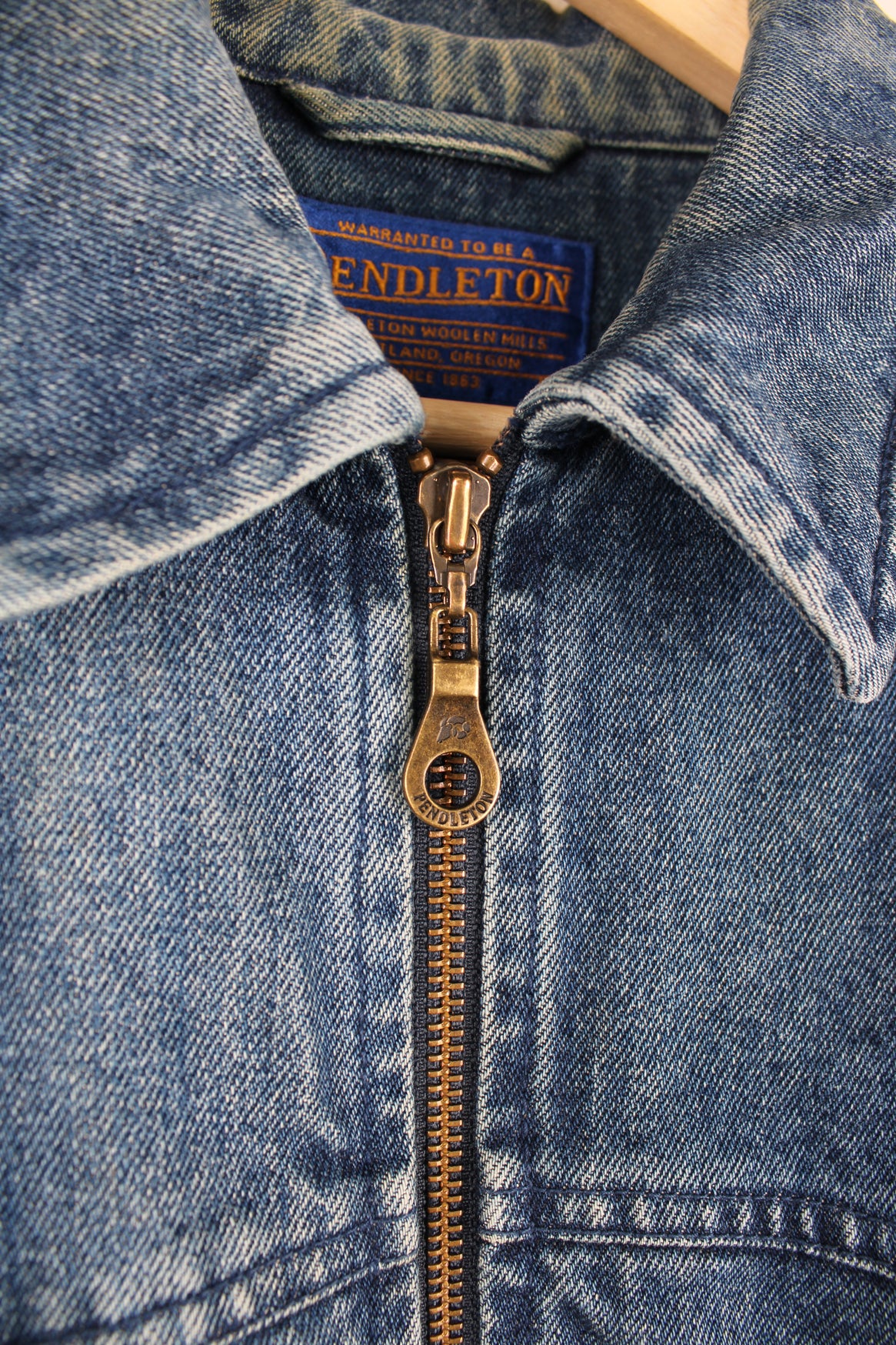 Pendleton zip through denim jacket with patterned wool back panel and western style yoke on the front 