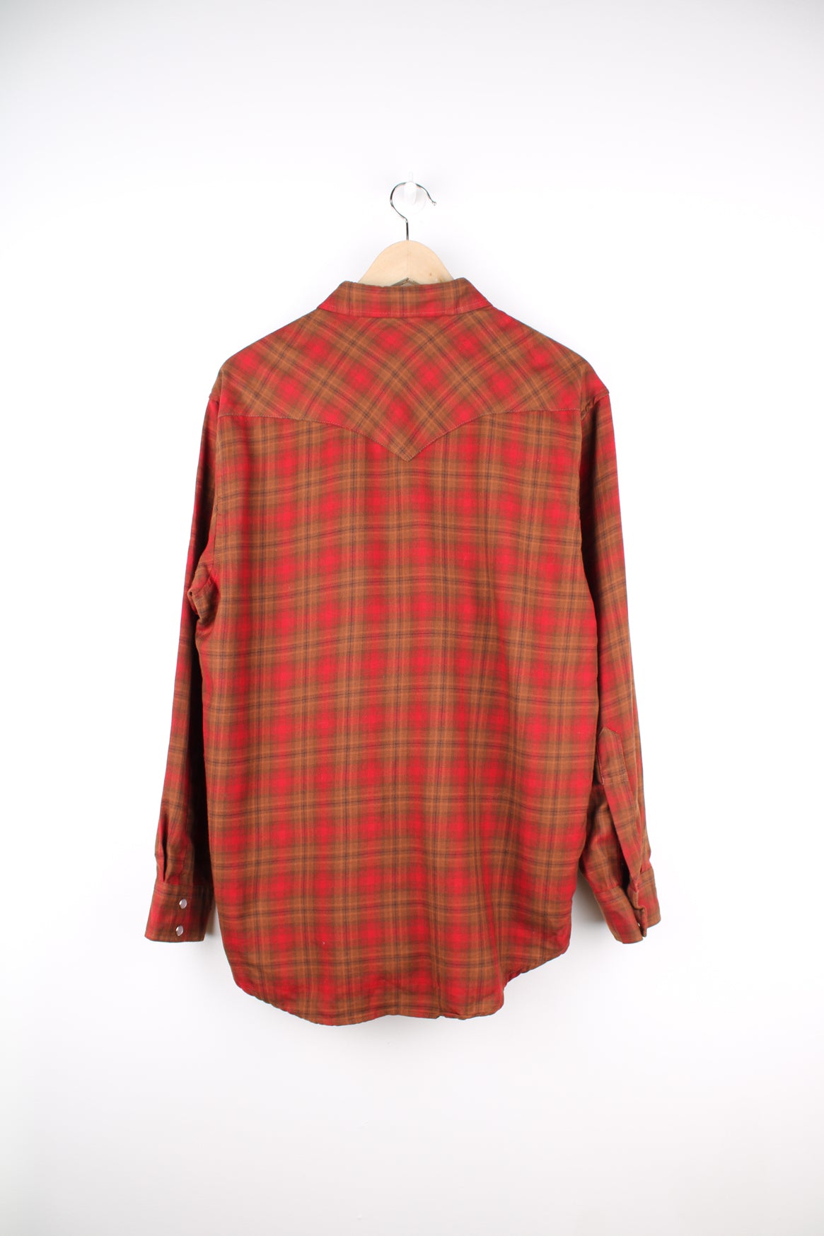 Pendleton 100% wool red/brown plaid shirt with pearl snap buttons and western yoke on the front and back 