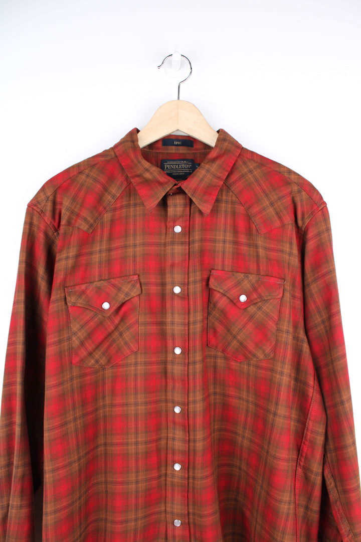 Pendleton 100% wool red/brown plaid shirt with pearl snap buttons and western yoke on the front and back 