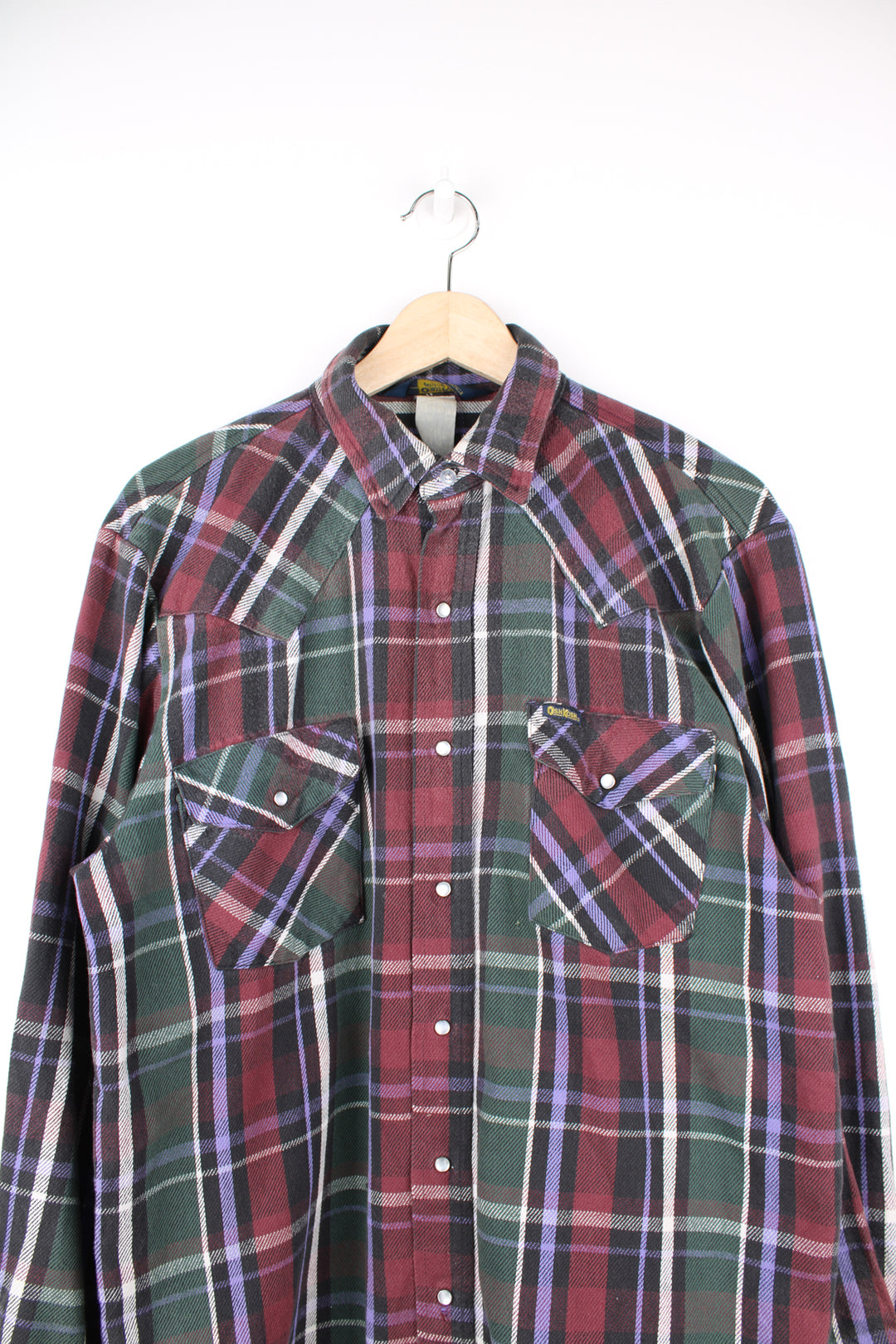 Vintage 90's Osh Kosh B'gosh button up cotton shirt in red/green/blue plaid pattern, features western yoke on the front/back and pearl snap buttons