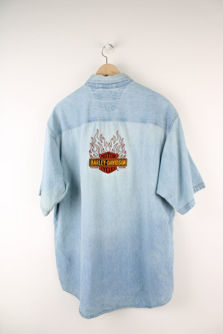 Harley-Davidson light blue denim button up shirt with embroidered spell-out logo on the chest