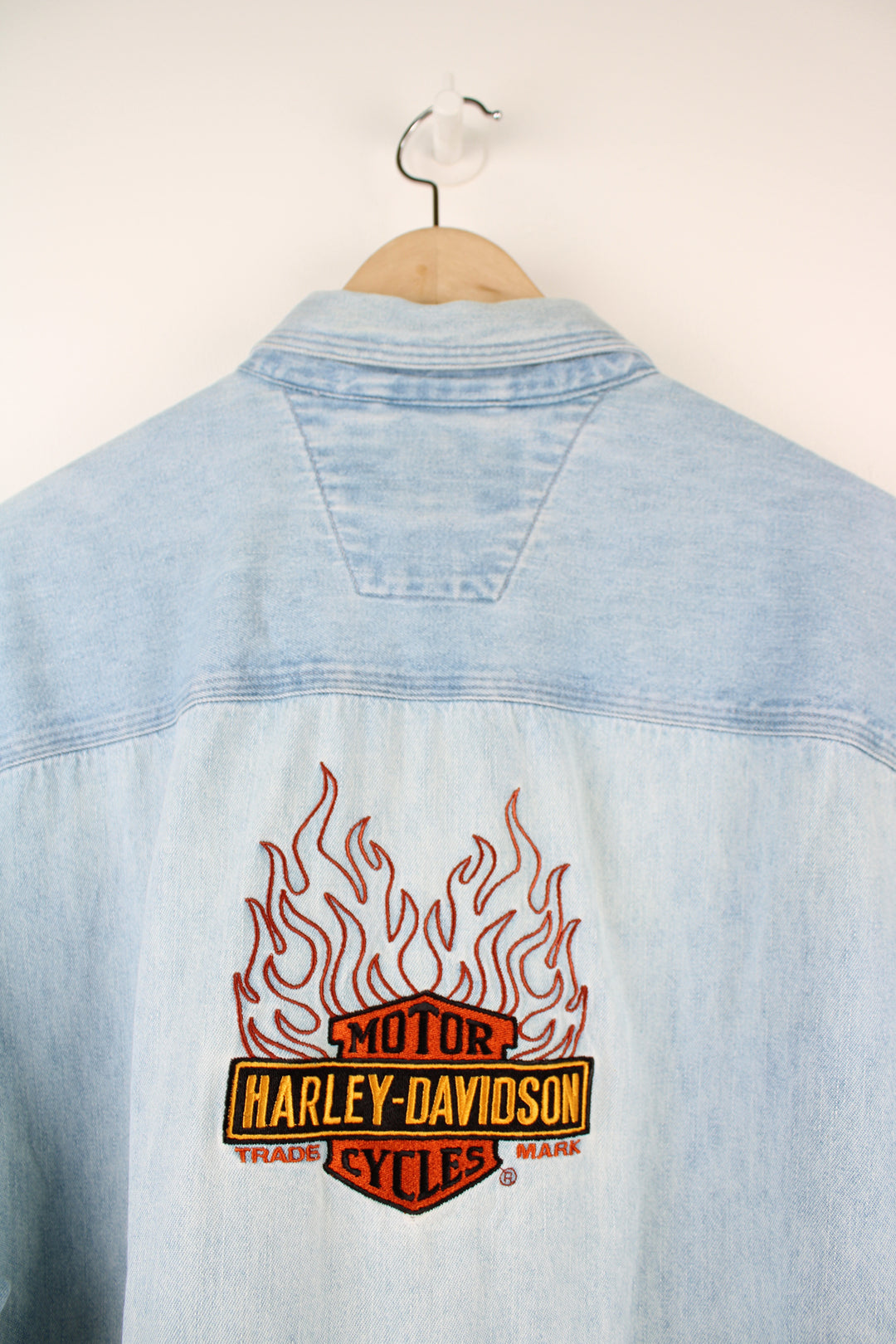 Harley-Davidson light blue denim button up shirt with embroidered spell-out logo on the chest