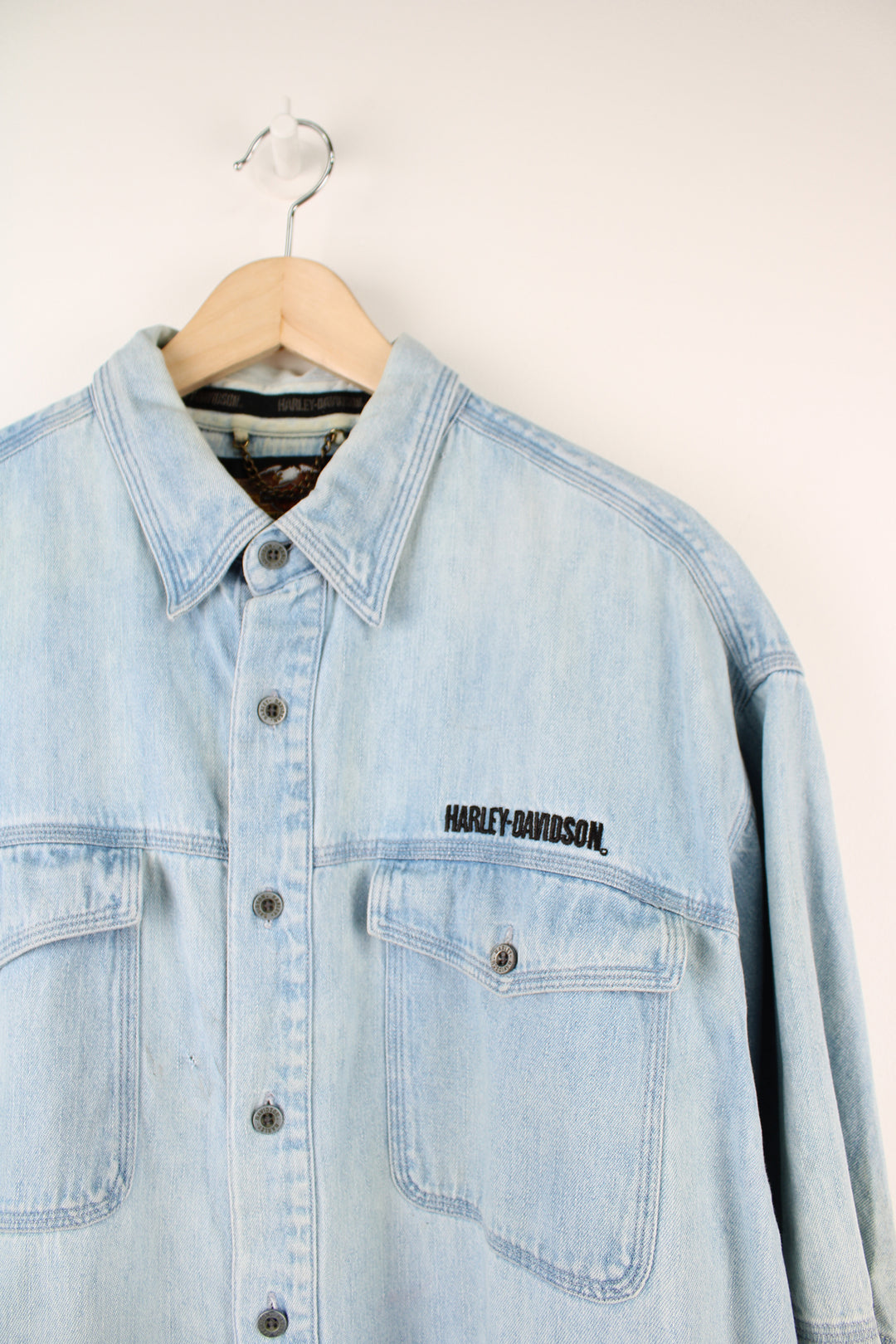 Harley-Davidson light blue denim button up shirt with embroidered spell-out logo on the chest