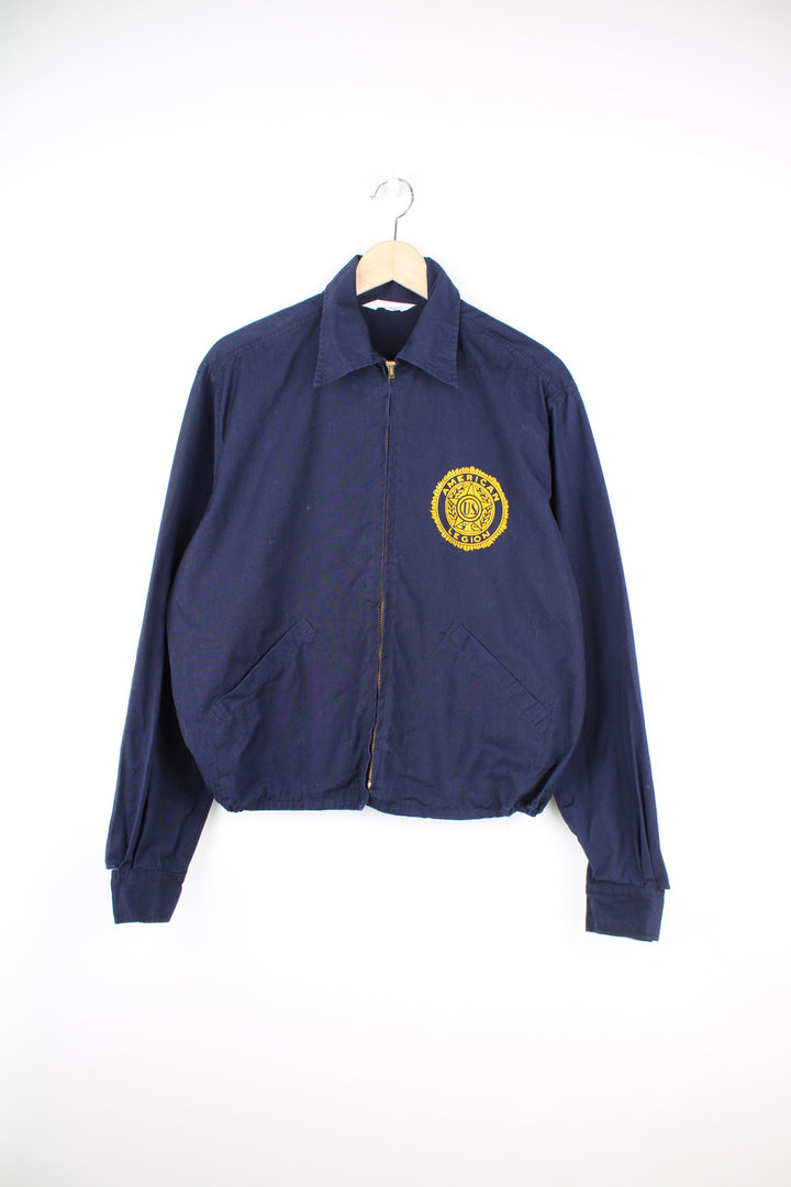 Vintage looks like 70's navy blue zip through American Legion cotton cropped bomber jacket with printed badge on the chest and spell-out 'Carson Valley Post #11' on the back