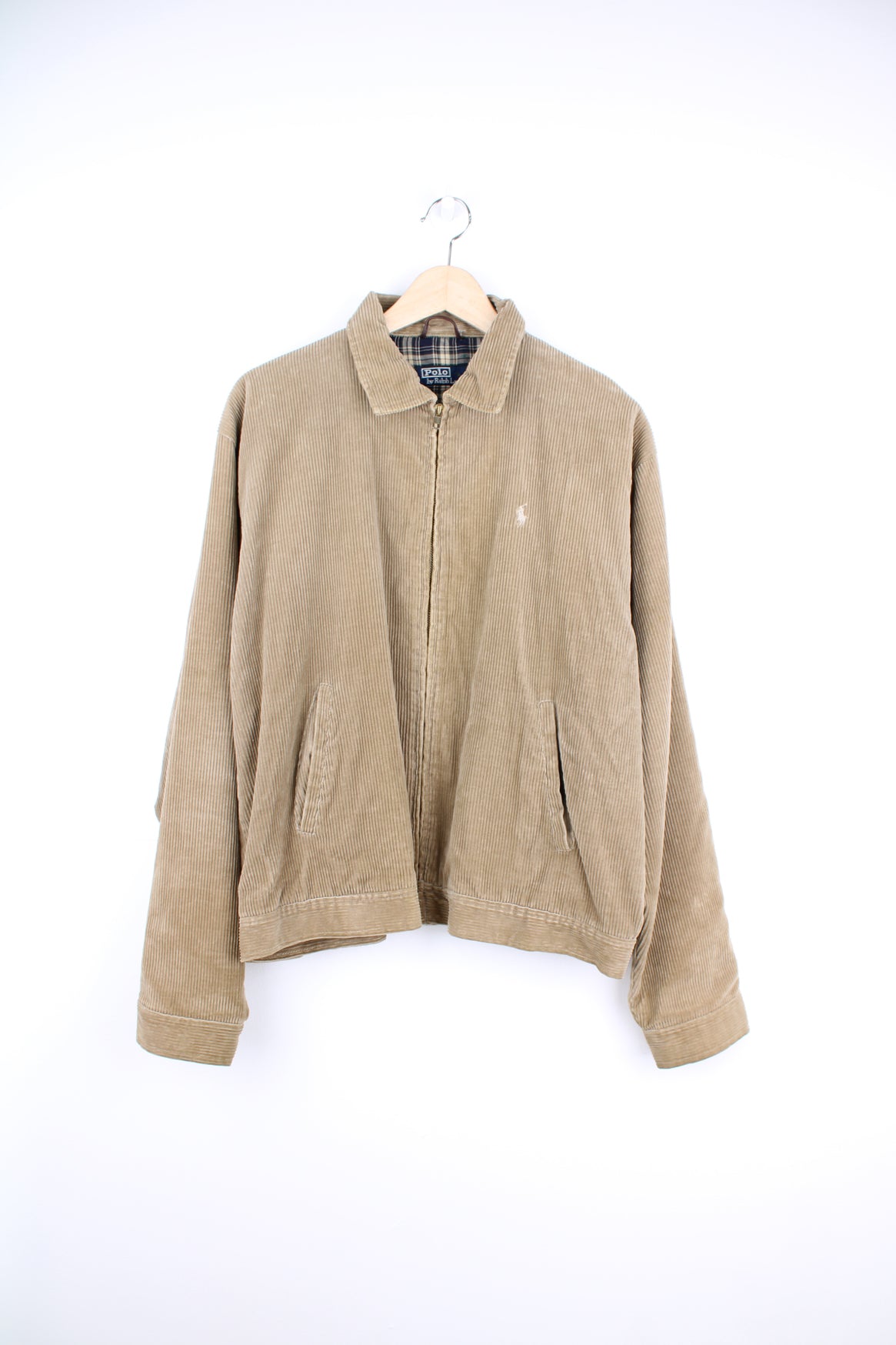 Ralph Lauren Polo tan corduroy zip through jacket. With zip up pockets and white embroidered logo