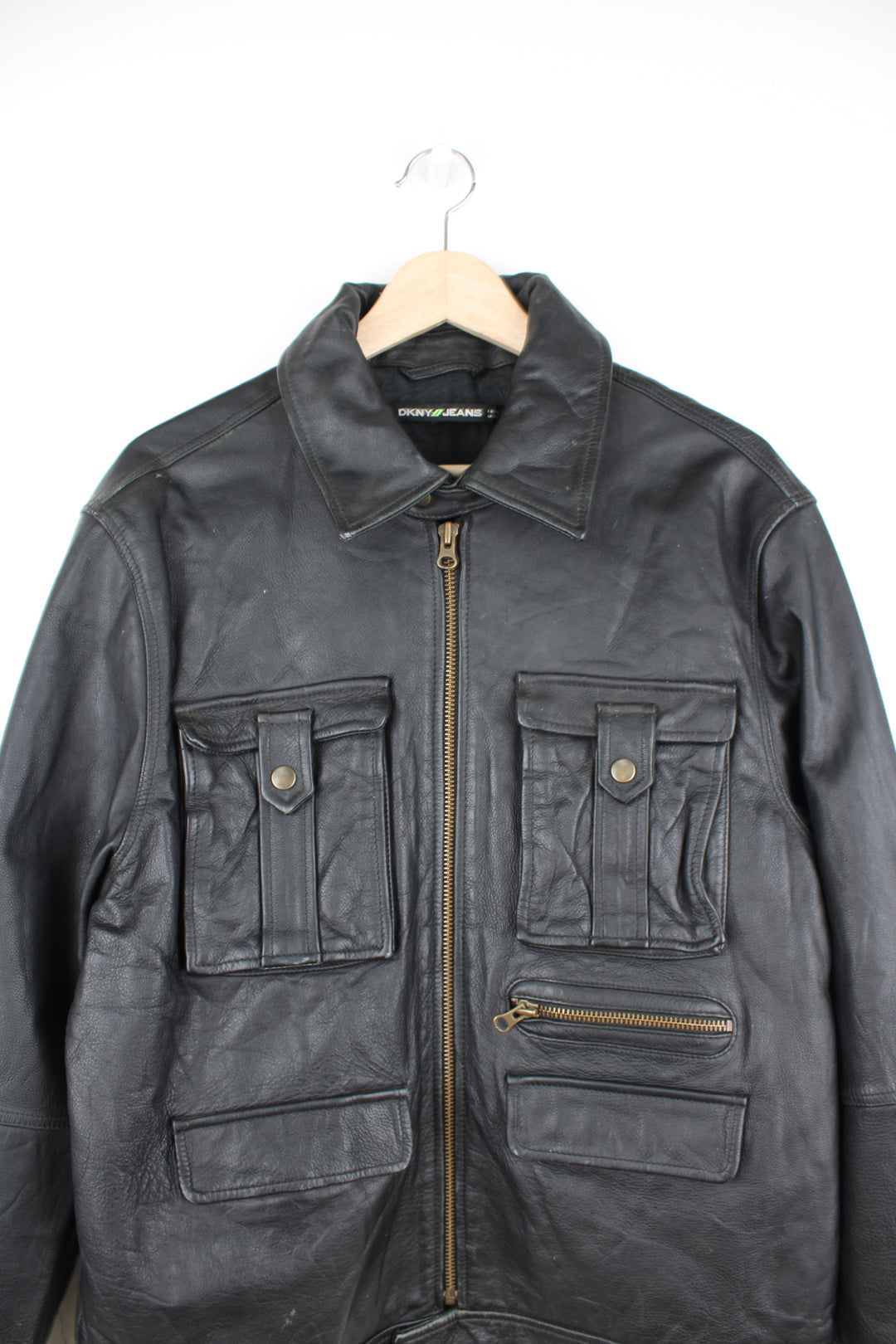 Y2K DKNY black utility style zip through leather jacket with multiple pockets