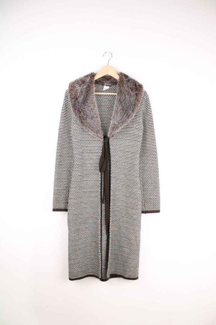 Y2K full length brown and white knitted cardigan that ties in the middle, with faux fur collar 