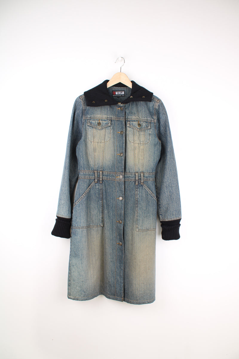 2000's full length/maxi button up denim coat by Morgan, features multiple pockets, quilted lining and elasticated cuffs and collar