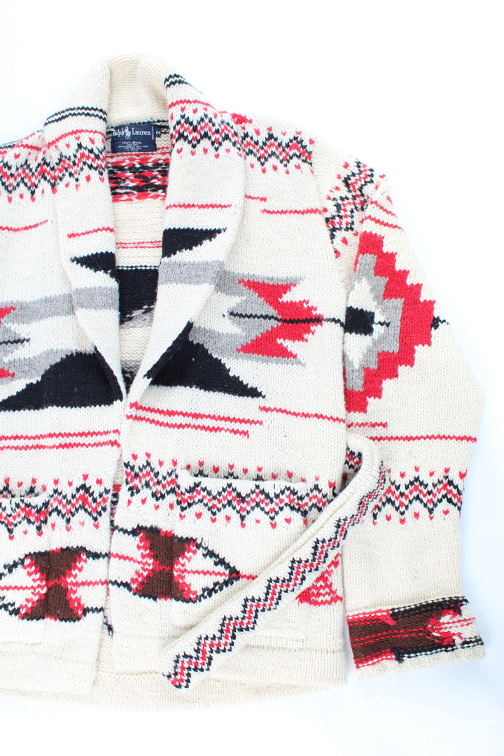 80's Ralph Lauren chunky knit cardigan. Features red and black Navajo print and belt at the waist. Made from 100% wool. Good condition - light bobbling throughout Size M