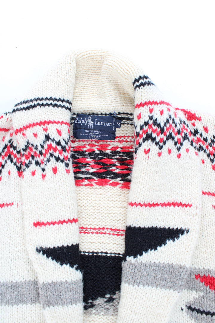 80's Ralph Lauren chunky knit cardigan. Features red and black Navajo print and belt at the waist. Made from 100% wool. Good condition - light bobbling throughout Size M