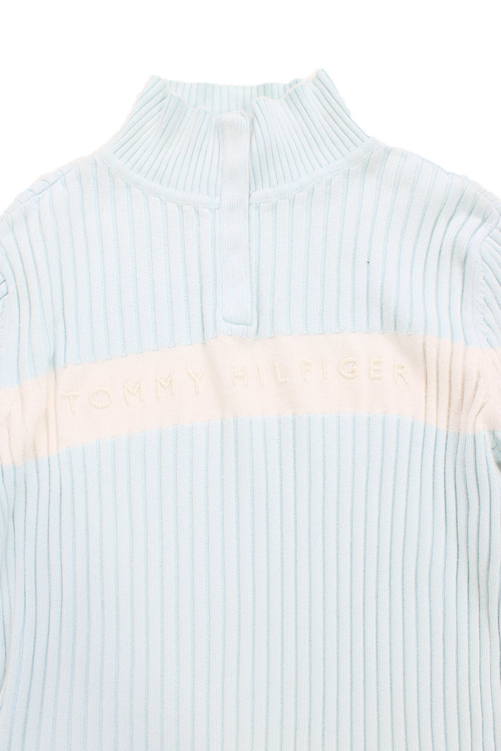 Tommy Hilfiger light blue ribbed knit roll neck. Features 1/4 length buttons at the neck to close and white vertical stripe across the chest with embroidered Tommy Hilfiger logo. good condition Size in Label: Womens L