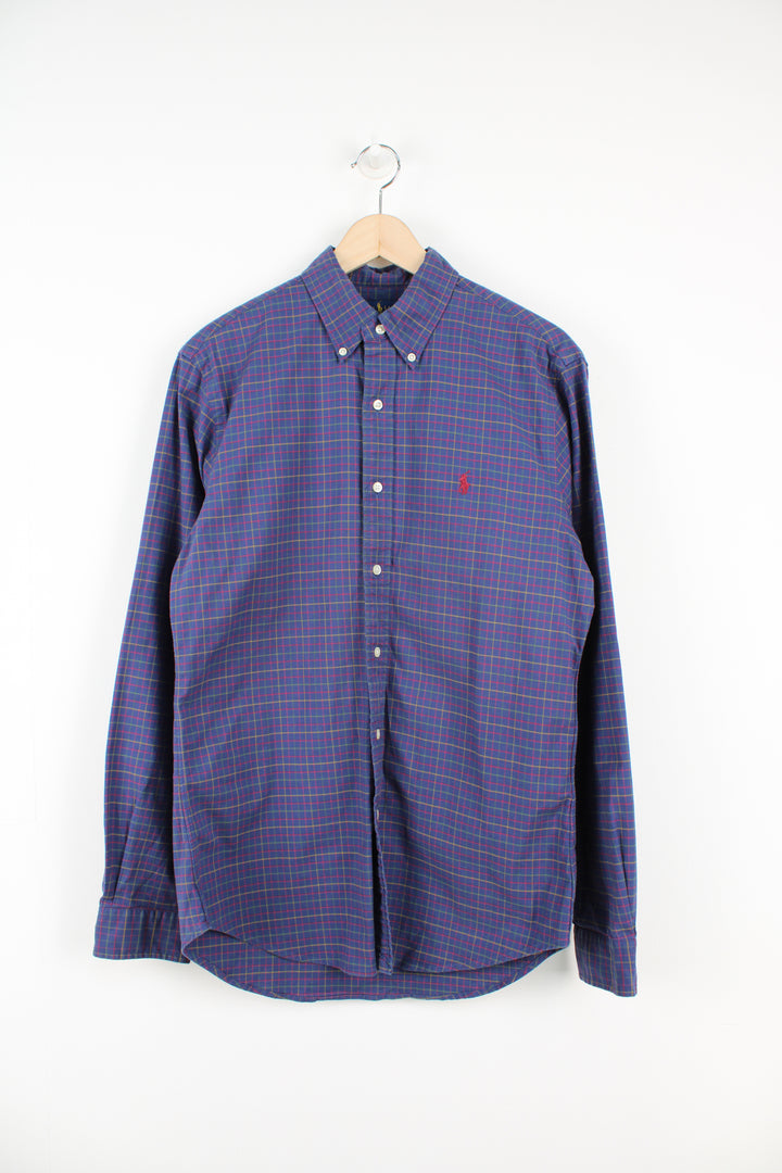 Ralph Lauren navy blue plaid button up, cotton shirt with signature embroidered logo on the chest