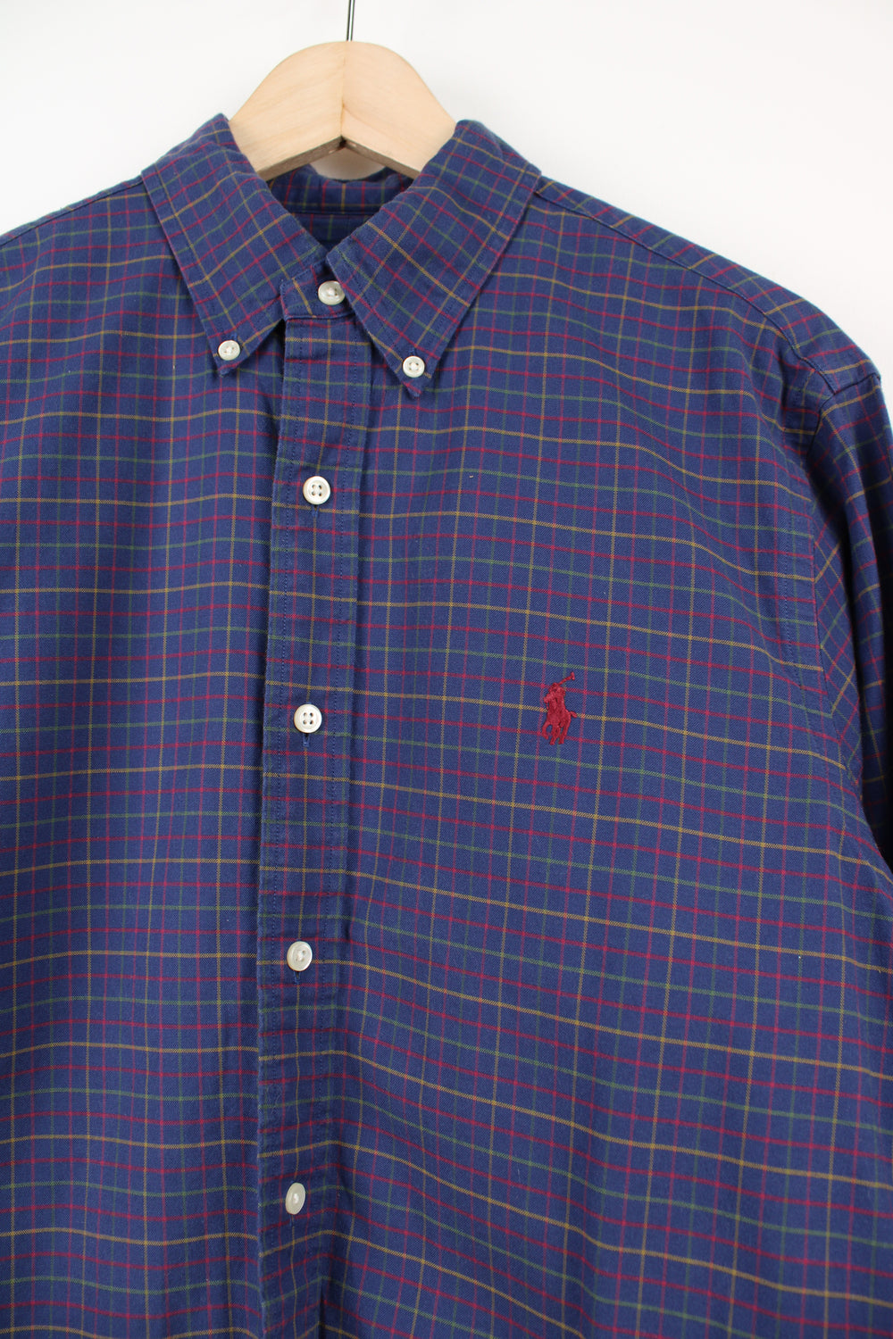 Ralph Lauren navy blue plaid button up, cotton shirt with signature embroidered logo on the chest