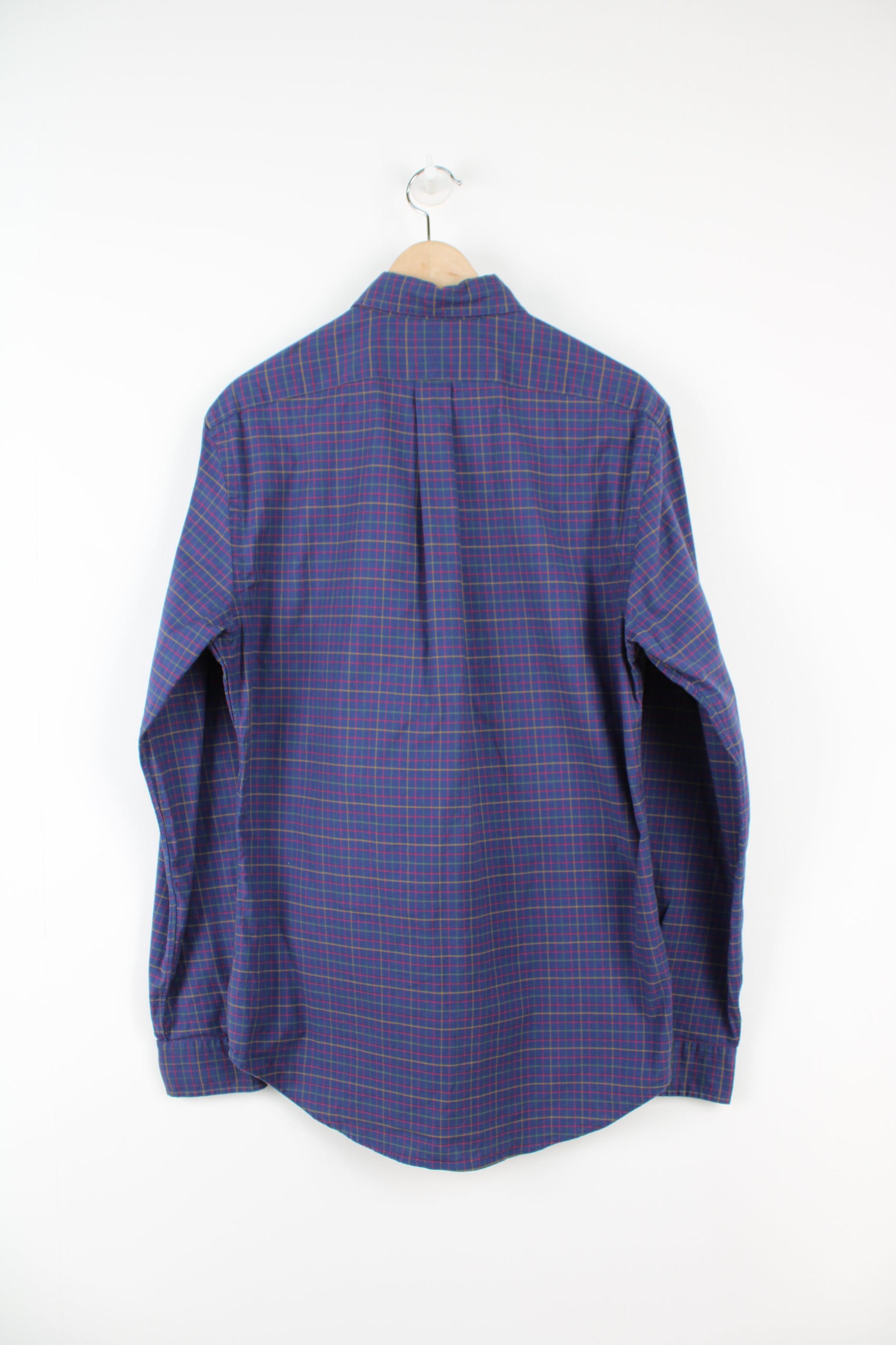 Ralph Lauren navy blue plaid button up, cotton shirt with signature embroidered logo on the chest