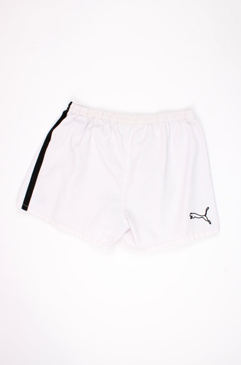 Vintage Puma all white cotton sports shorts with embroidered logos on the legs 