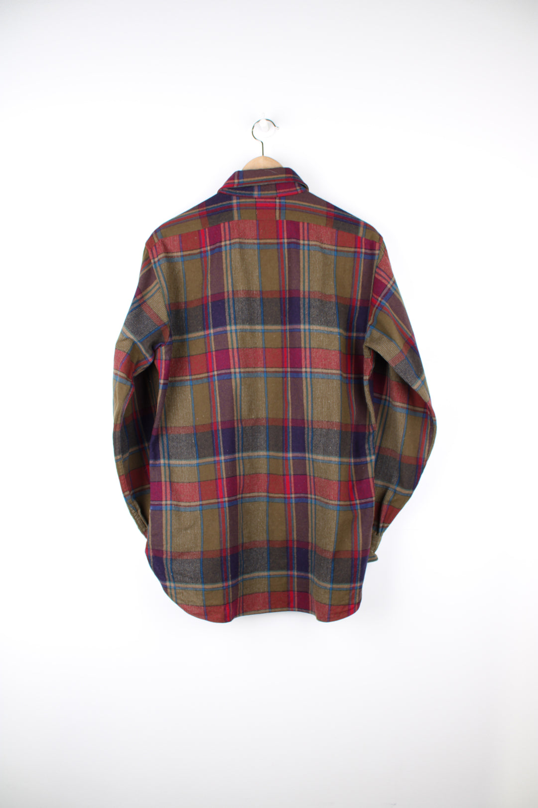 Vintage 70's/80's Pendleton red and green plaid 100% wool button up shirt features suede elbow pads, made in the USA