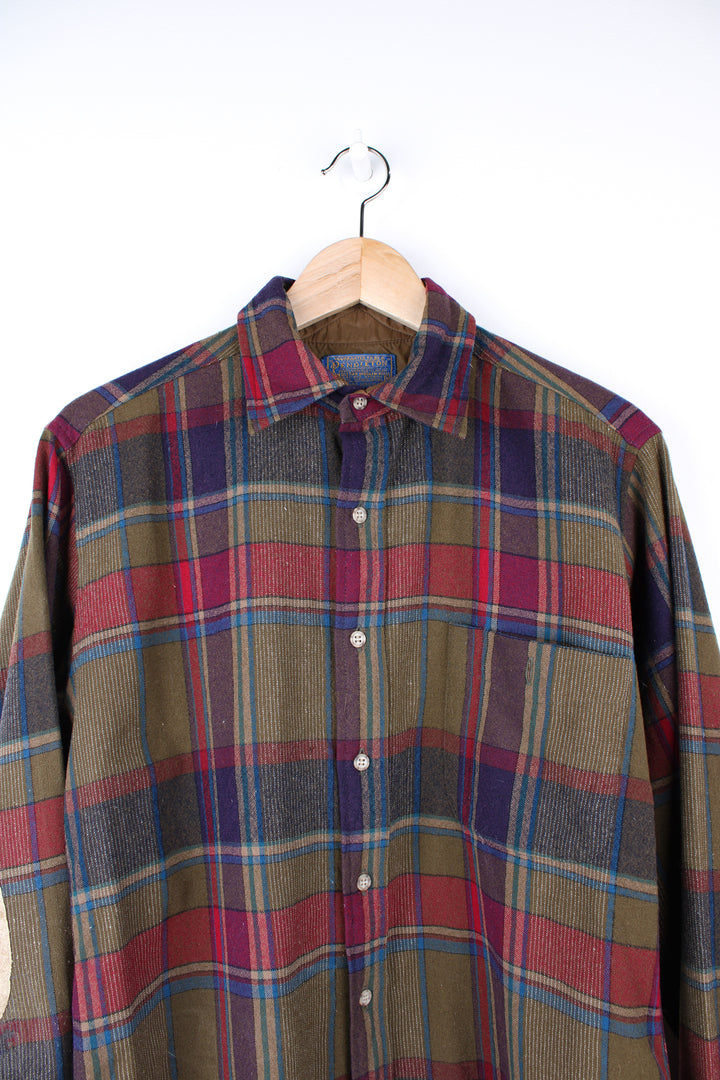 Vintage 70's/80's Pendleton red and green plaid 100% wool button up shirt features suede elbow pads, made in the USA