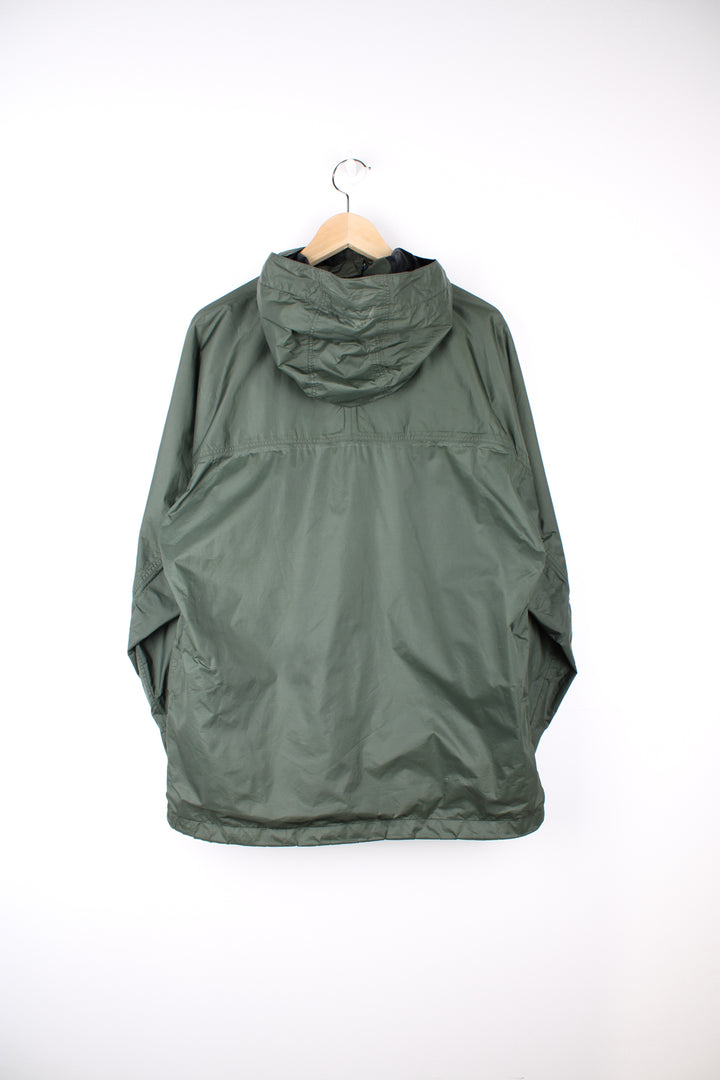 Patagonia Waterproof Jacket in a green colourway, zip up, hooded, adjustable cuffs and has the logo embroidered on the front.