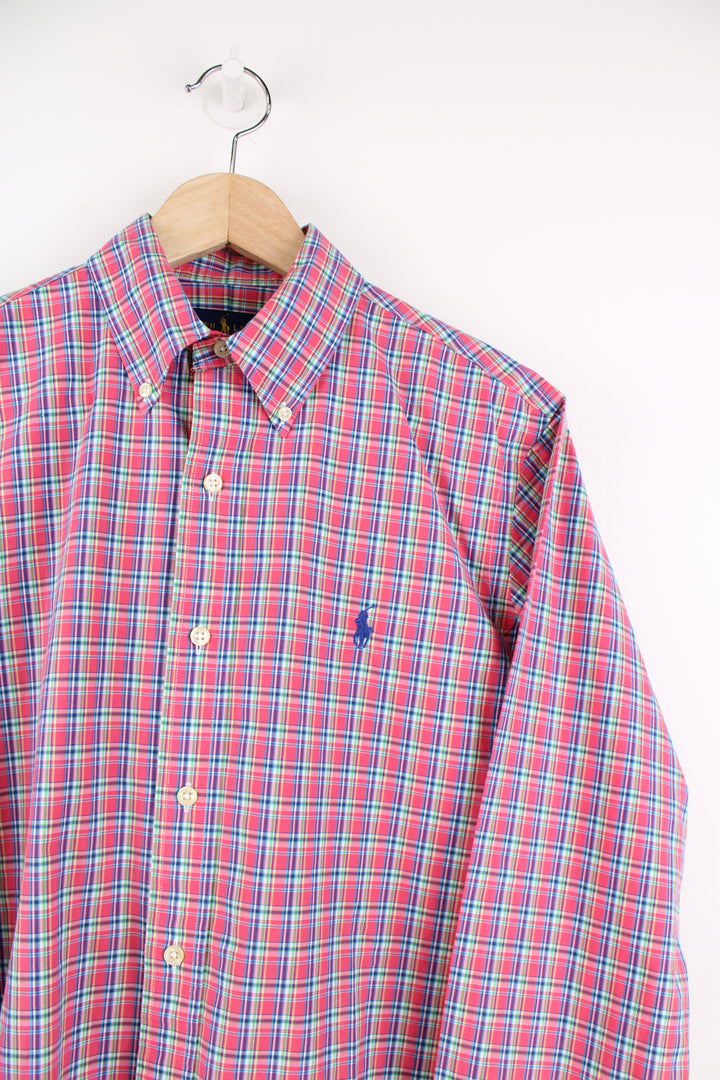 Ralph Lauren Shirt in a red, blue and green plaid colourway, button up and has the logo embroidered on the front.