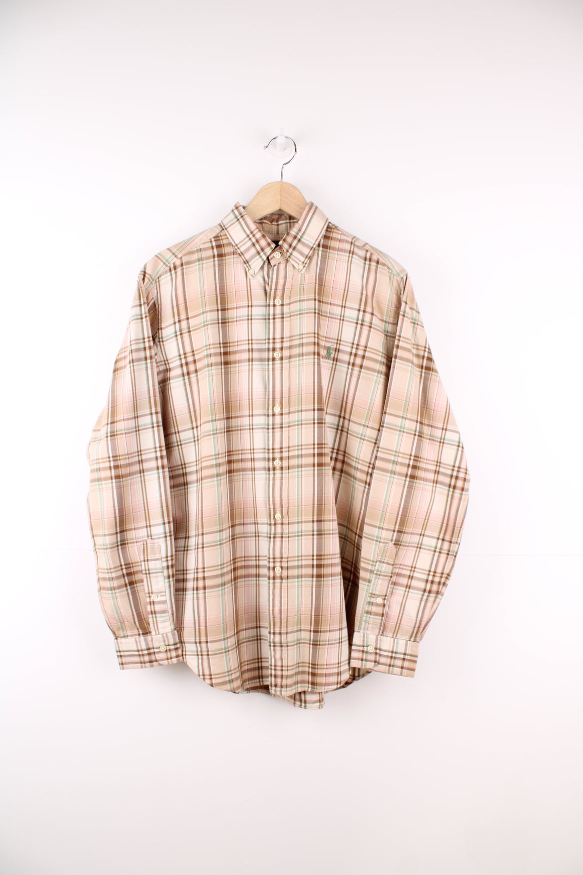 Ralph Lauren Shirt in a tan, brown and green plaid colourway, button up and has the logo embroidered on the front.