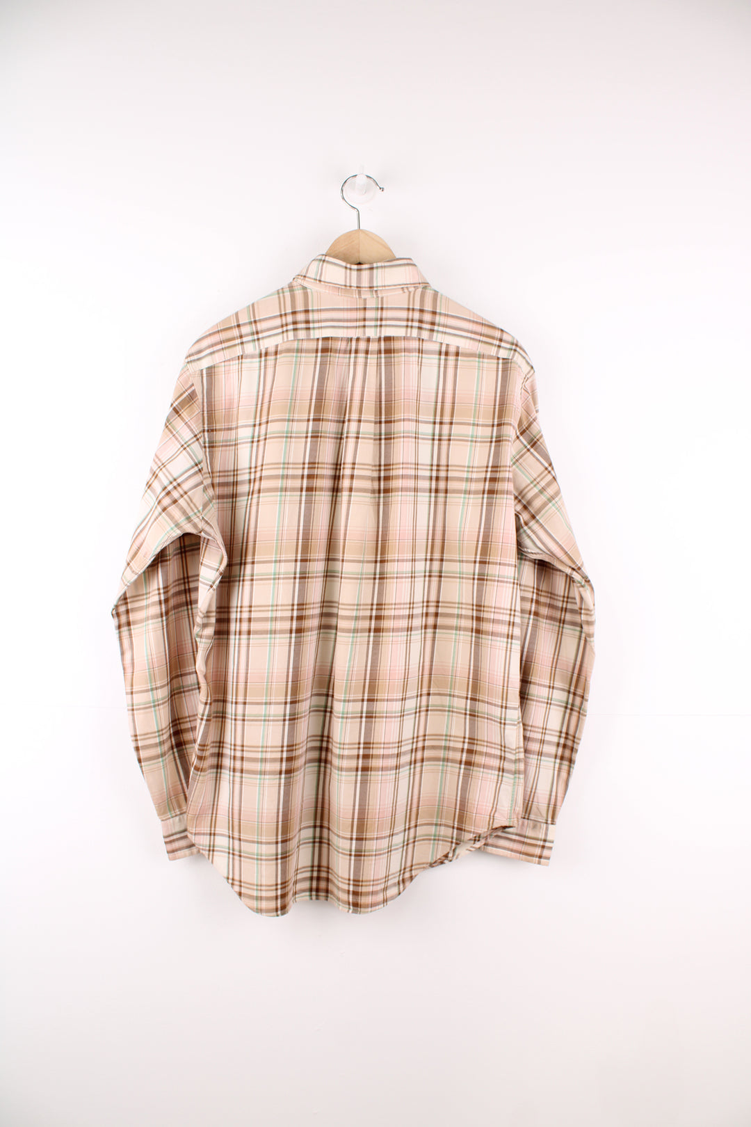 Ralph Lauren Shirt in a tan, brown and green plaid colourway, button up and has the logo embroidered on the front.