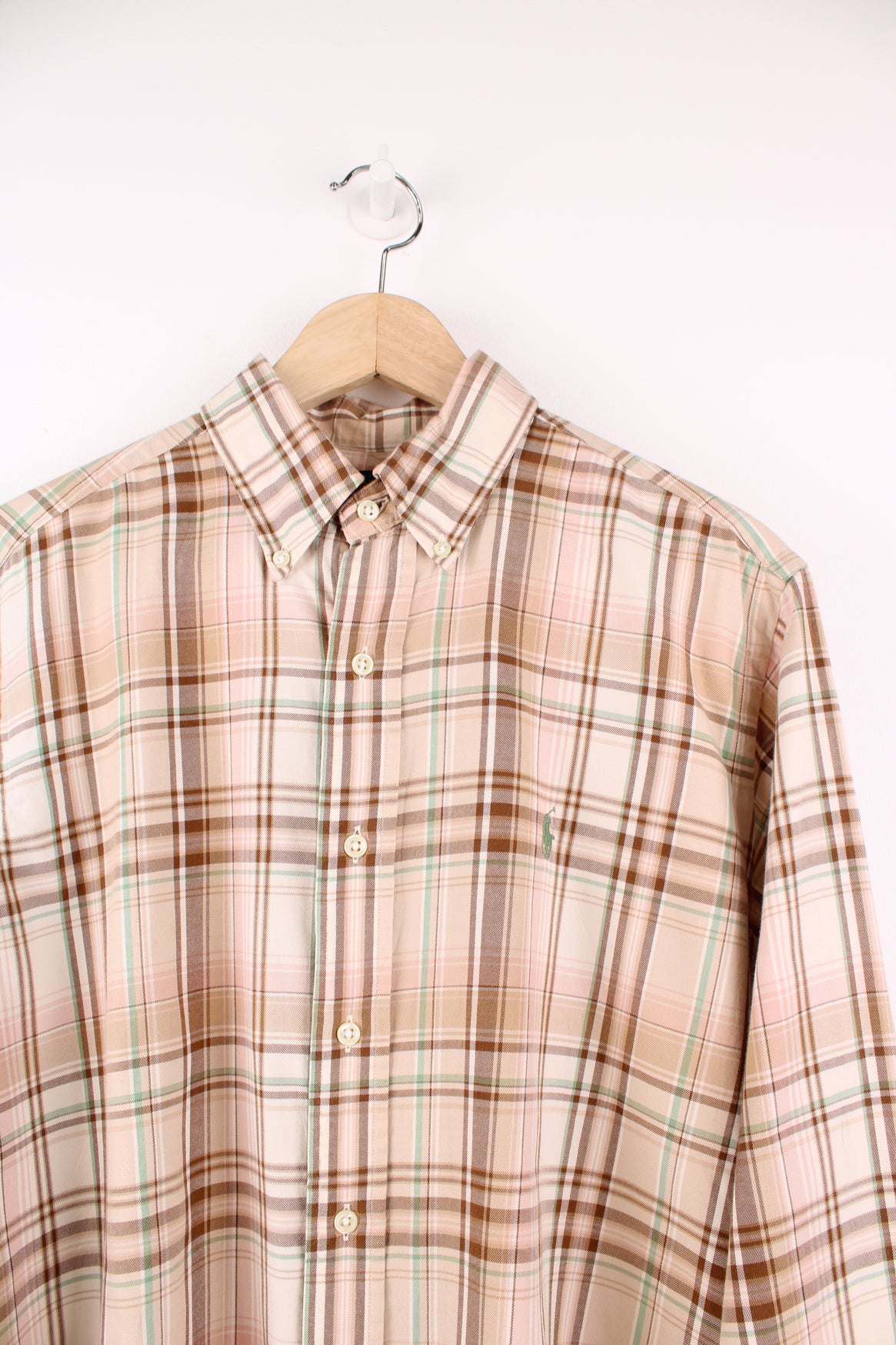 Ralph Lauren Shirt in a tan, brown and green plaid colourway, button up and has the logo embroidered on the front.