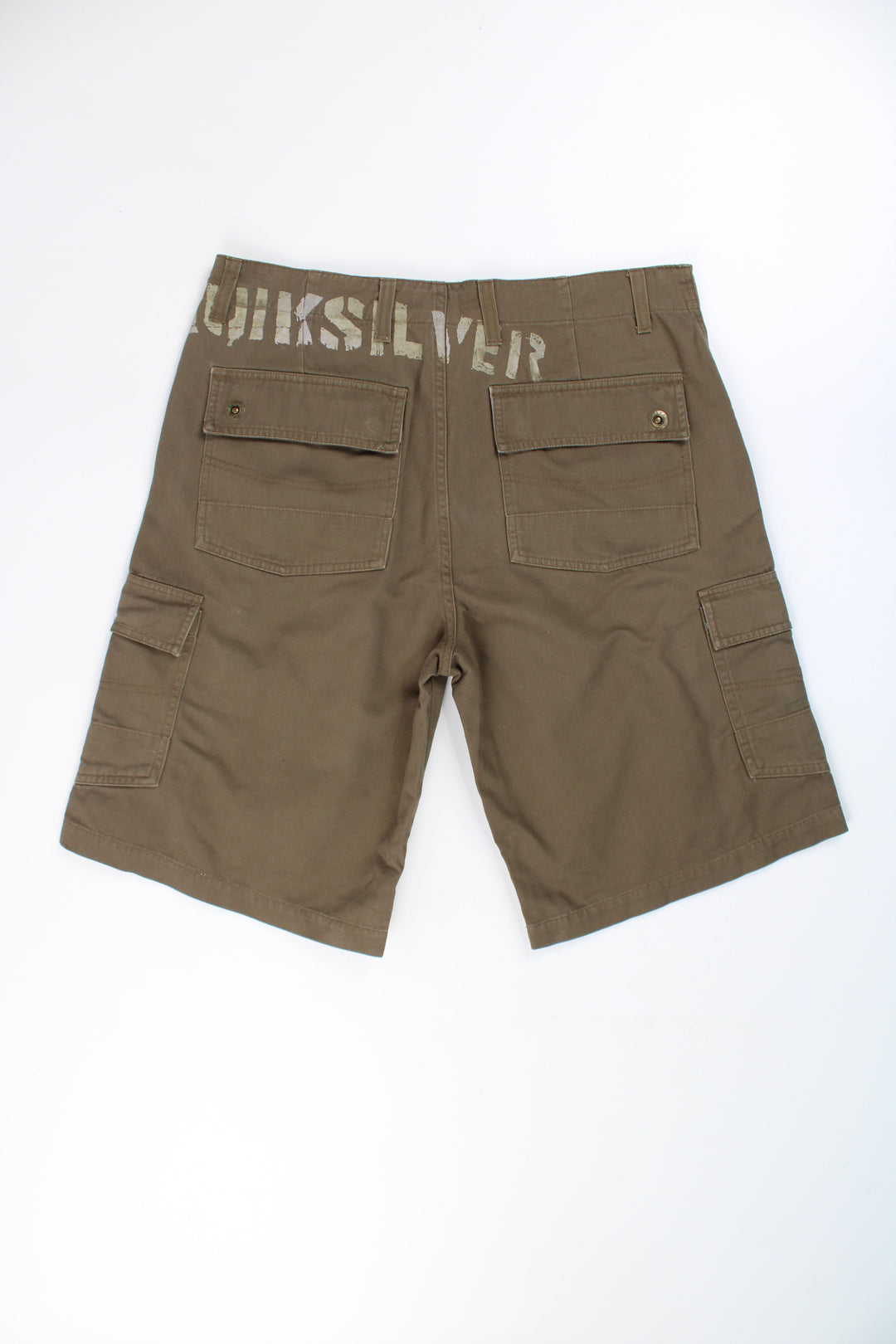 Quiksilver khaki cargo style cotton shorts with spell-out details on the back