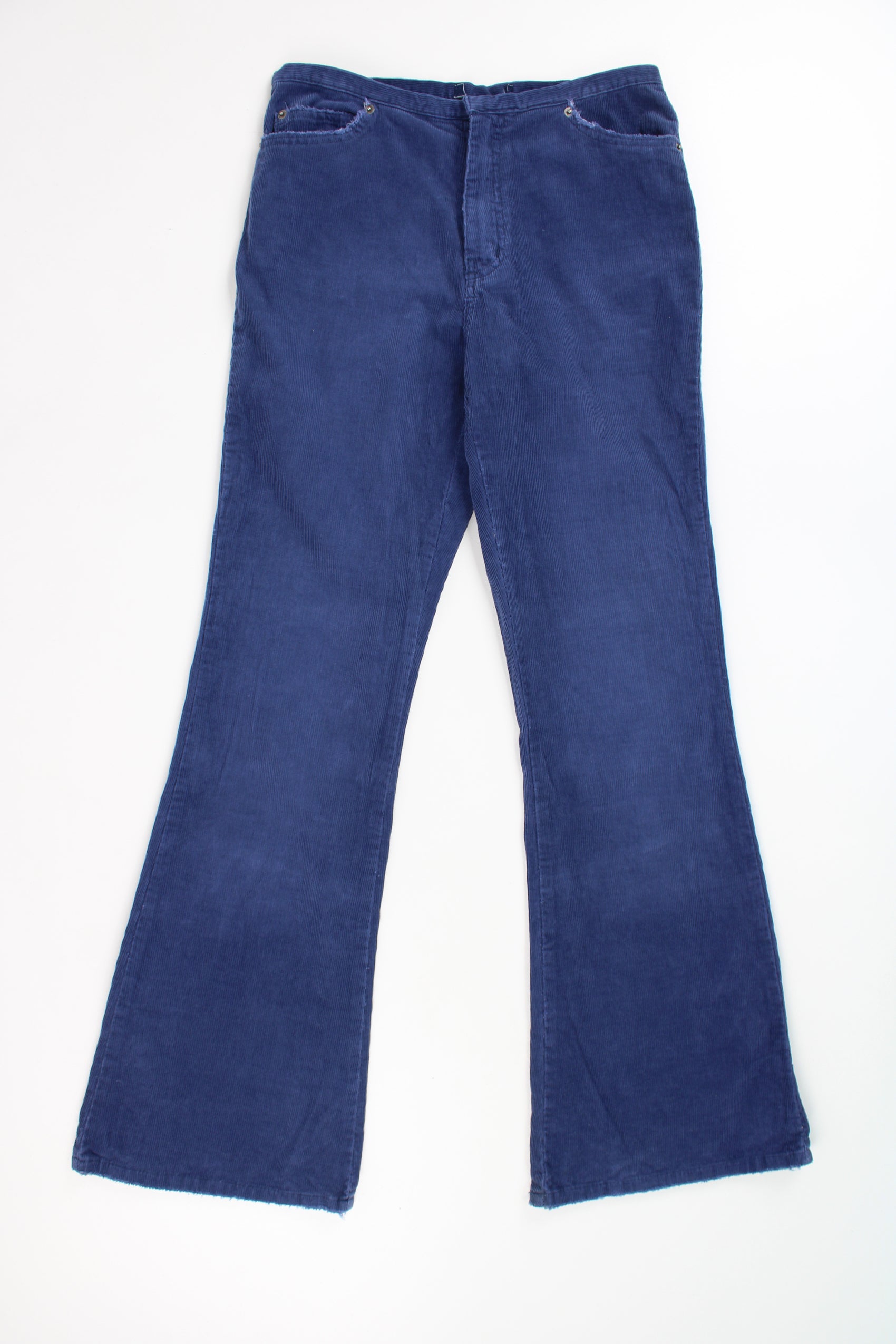 Vintage N.L Jeans blue flared corduroy trousers with raw edge cuffs and pockets