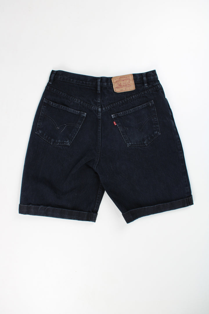 Levi's black denim jorts with embroidered logo on the waist band and details on the pocket