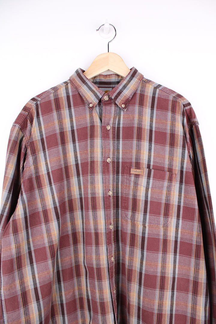 Carhartt maroon/brown and grey plain cotton button up shirt, features embossed logo on the chest pocket