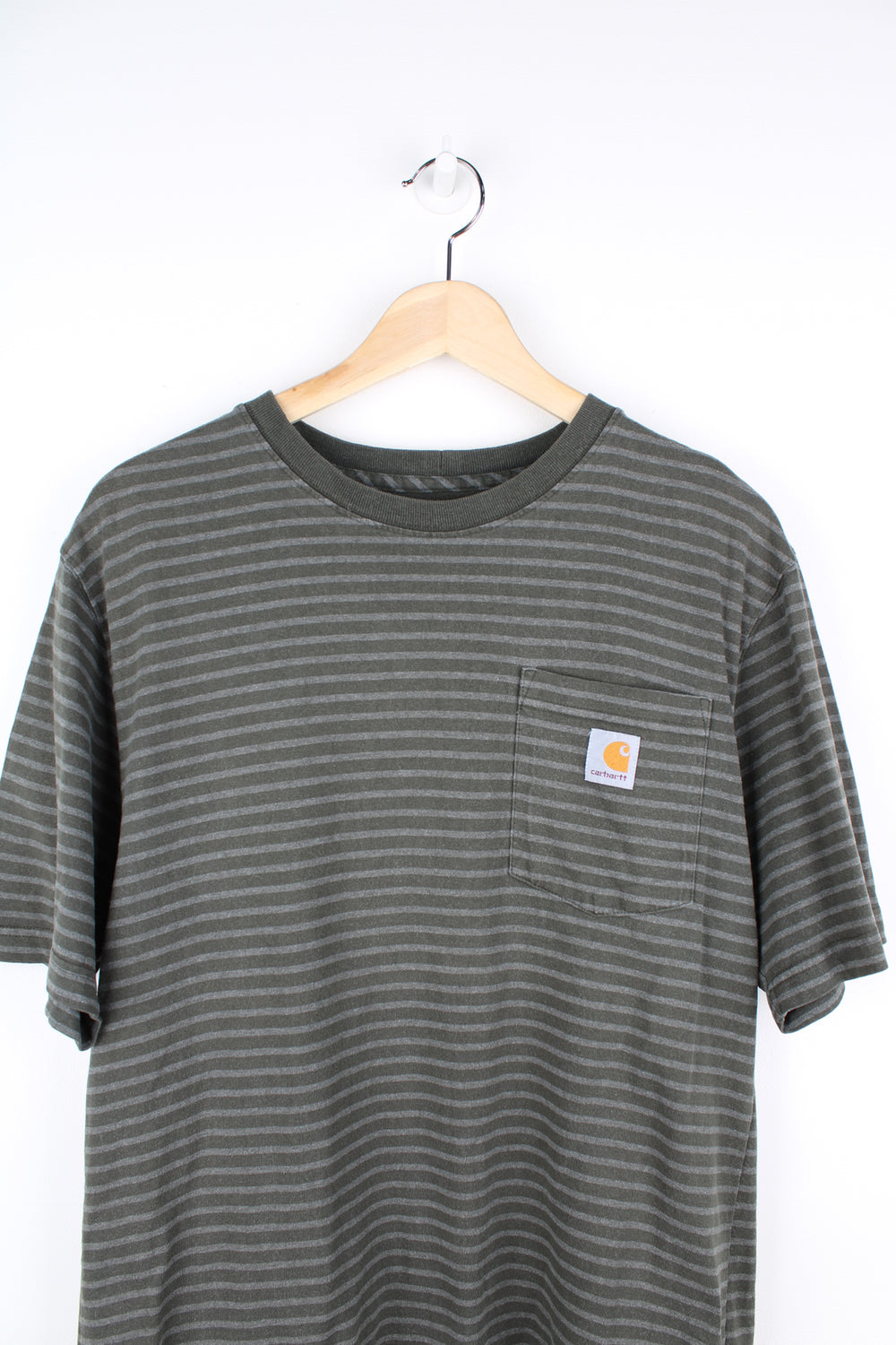 Carhartt green striped cotton , original fit t-shirt. Features branded chest pocket