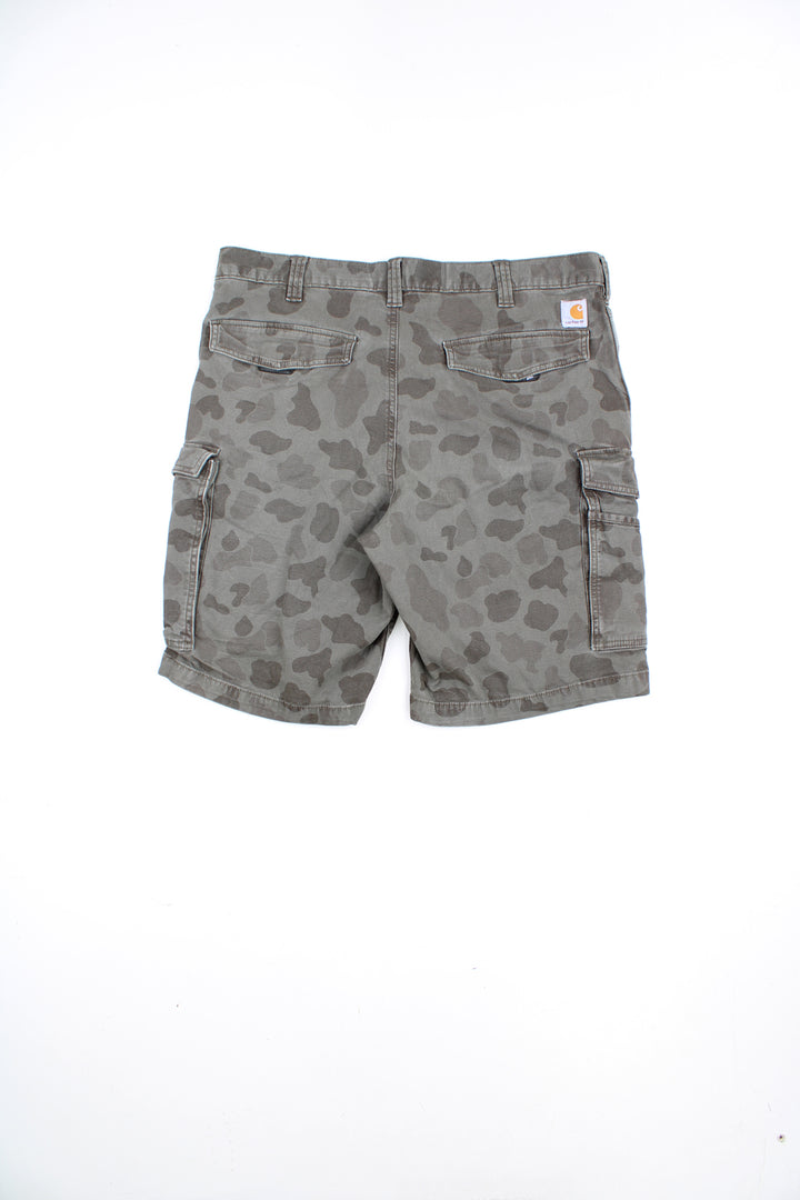 Carhartt dark green camouflage cargo shorts with branded logo on the waistband 