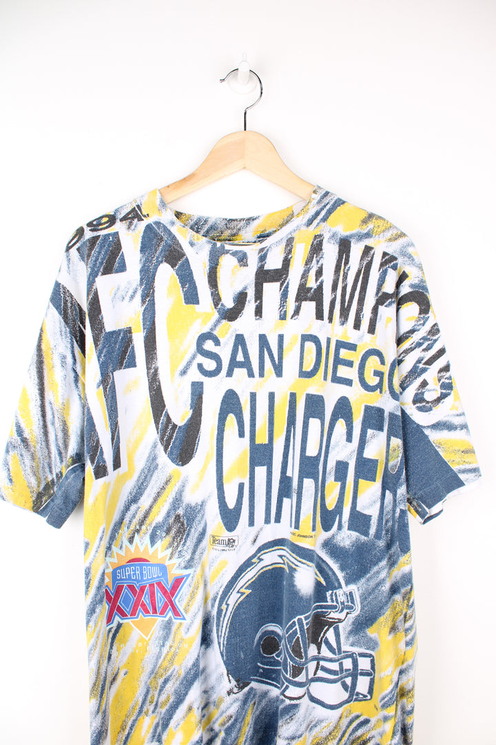 Vintage San Diego Chargers Magic Johnson T's Super Bowl XXIX Shirt. Features all over print good condition Size in Label: Mens XL