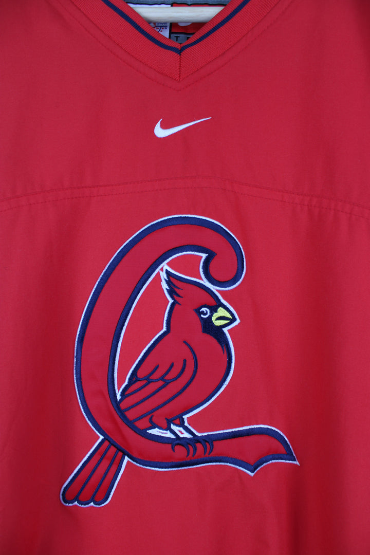 Vintage St Louis all red training top/pullover by Nike. Features large embroidered Cardinal's logo on the front and pockets