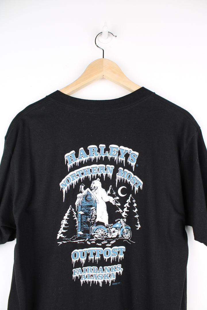 Vintage 1990s Harley Davidson black t-shirt with Spirit of Harley Davidson wolf design on the front and Fairbanks Alaska design on the back.  good condition Size in Label: Mens L- measures like M