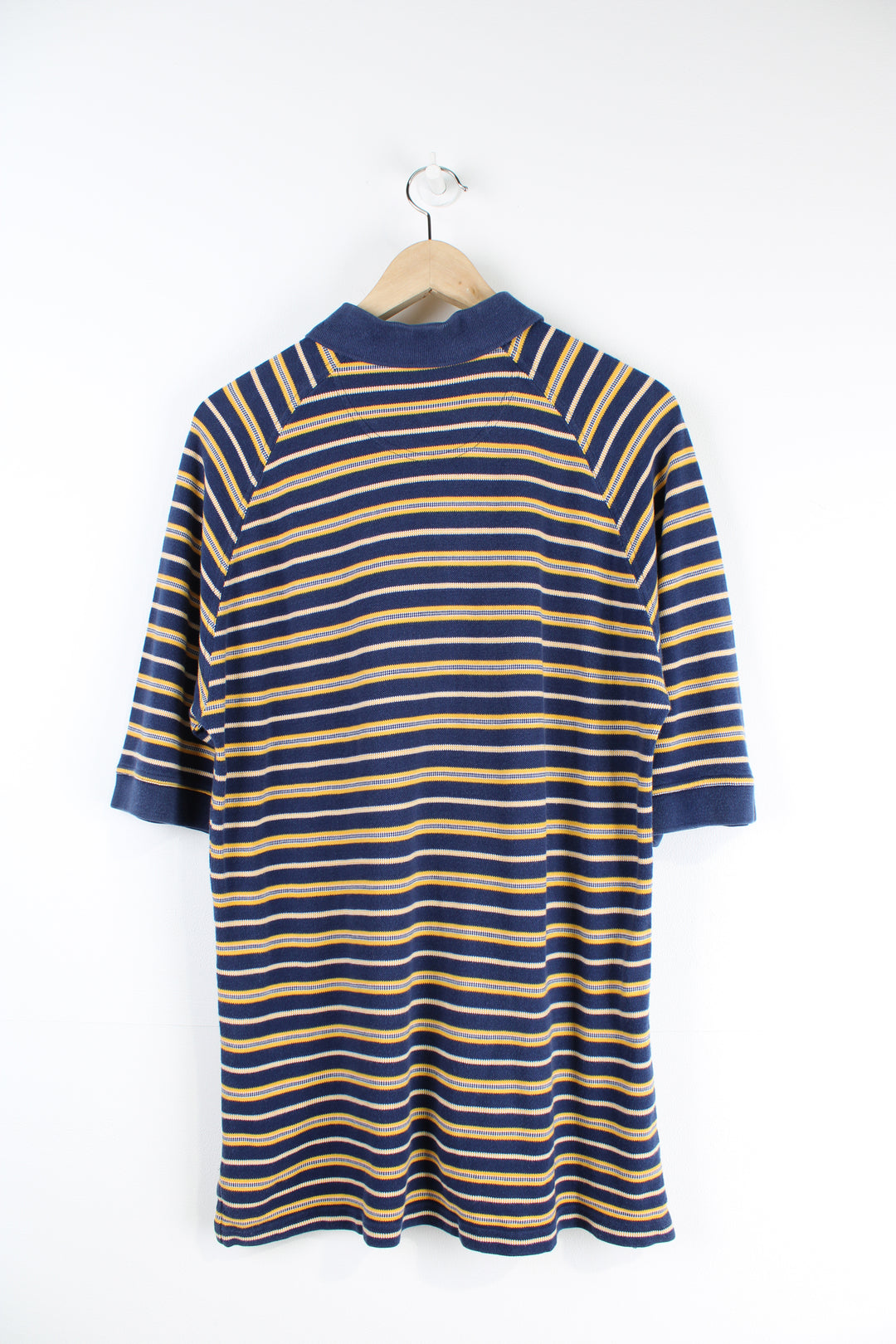 Vintage Adidas blue and yellow striped polo shirt with embroidered Adidas logo.