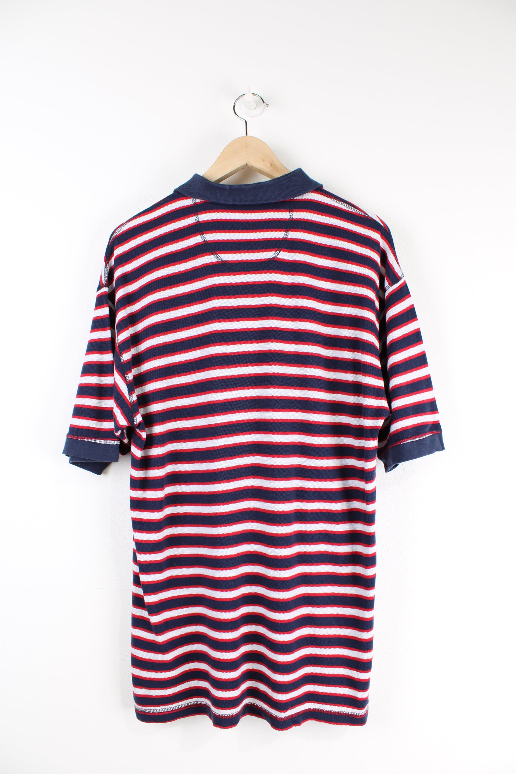 Vintage Adidas blue, red and grey striped polo shirt with embroidered Adidas logo.