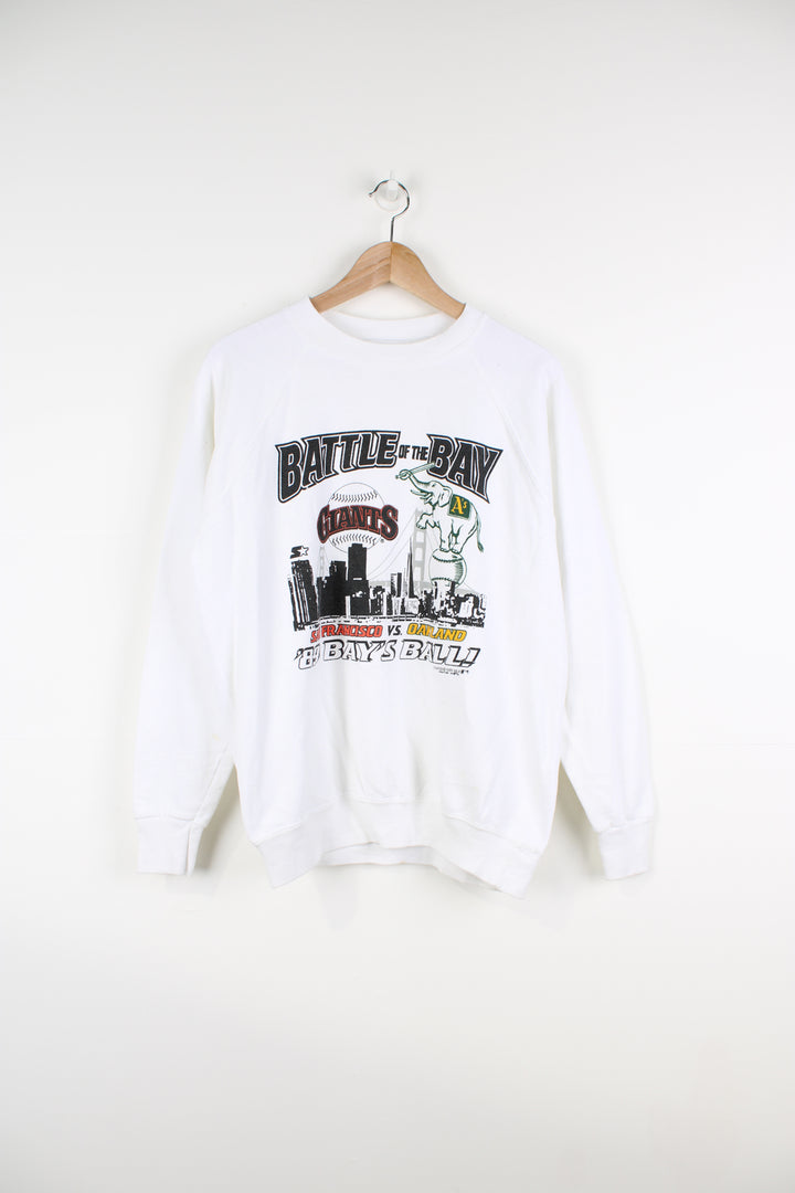 Vintage MLB 1989 Battle Of The Bay San Francisco Giants vs Oakland Athletics  white crewneck sweatshirt with printed graphic on the chest