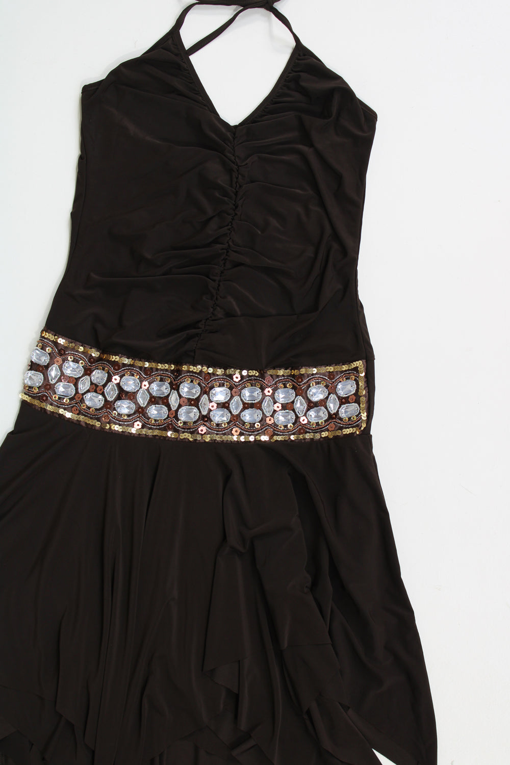 Y2K brown halter neck dress with embellished waist band a ruched bodice, made from stretchy fabric 