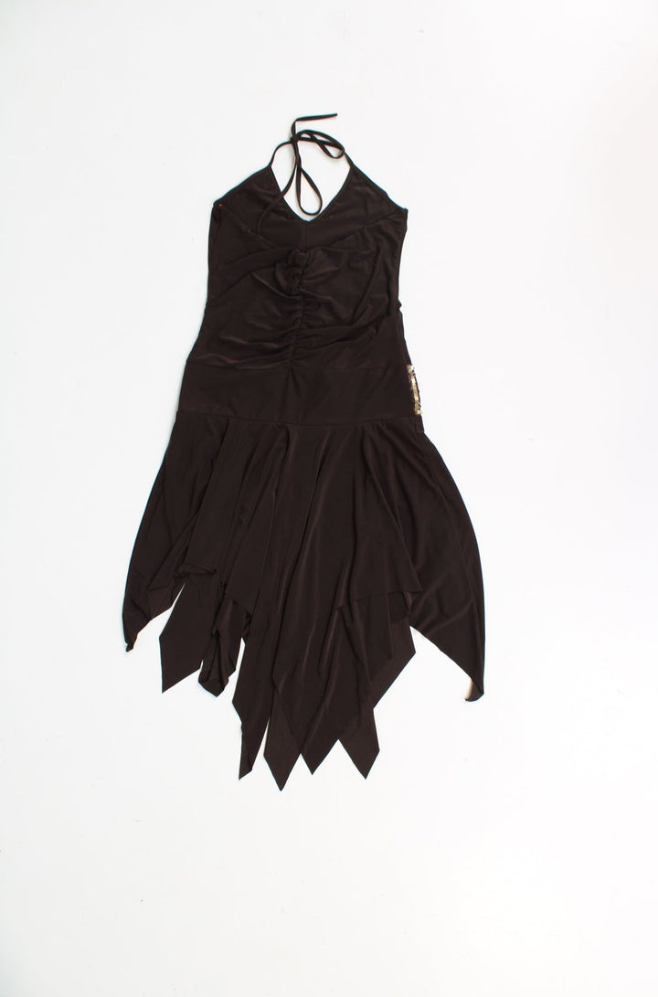 Y2K brown halter neck dress with embellished waist band a ruched bodice, made from stretchy fabric 