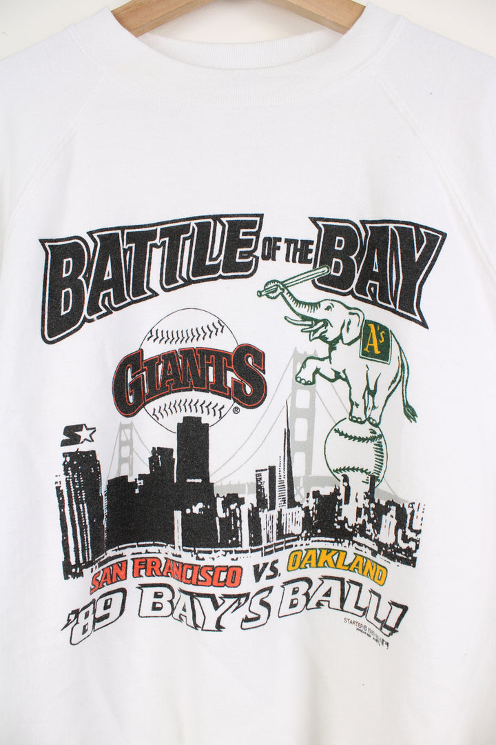 Vintage MLB 1989 Battle Of The Bay San Francisco Giants vs Oakland Athletics  white crewneck sweatshirt with printed graphic on the chest